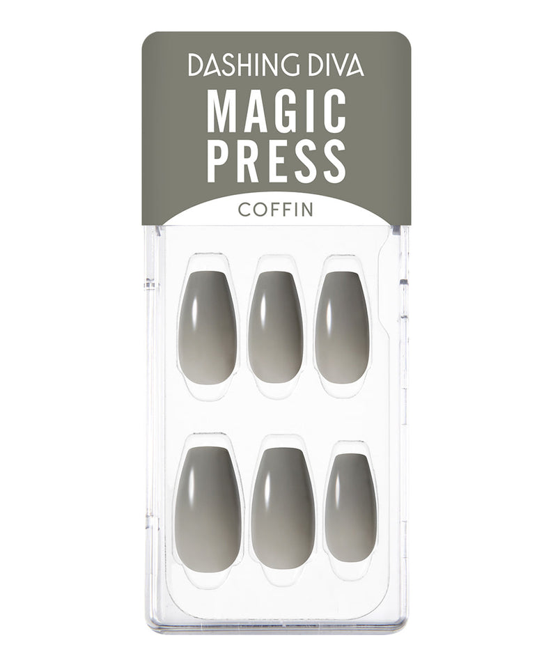 DASHING DIVA MAGIC PRESS Ash Khaki - Coffin nail set in packaging.