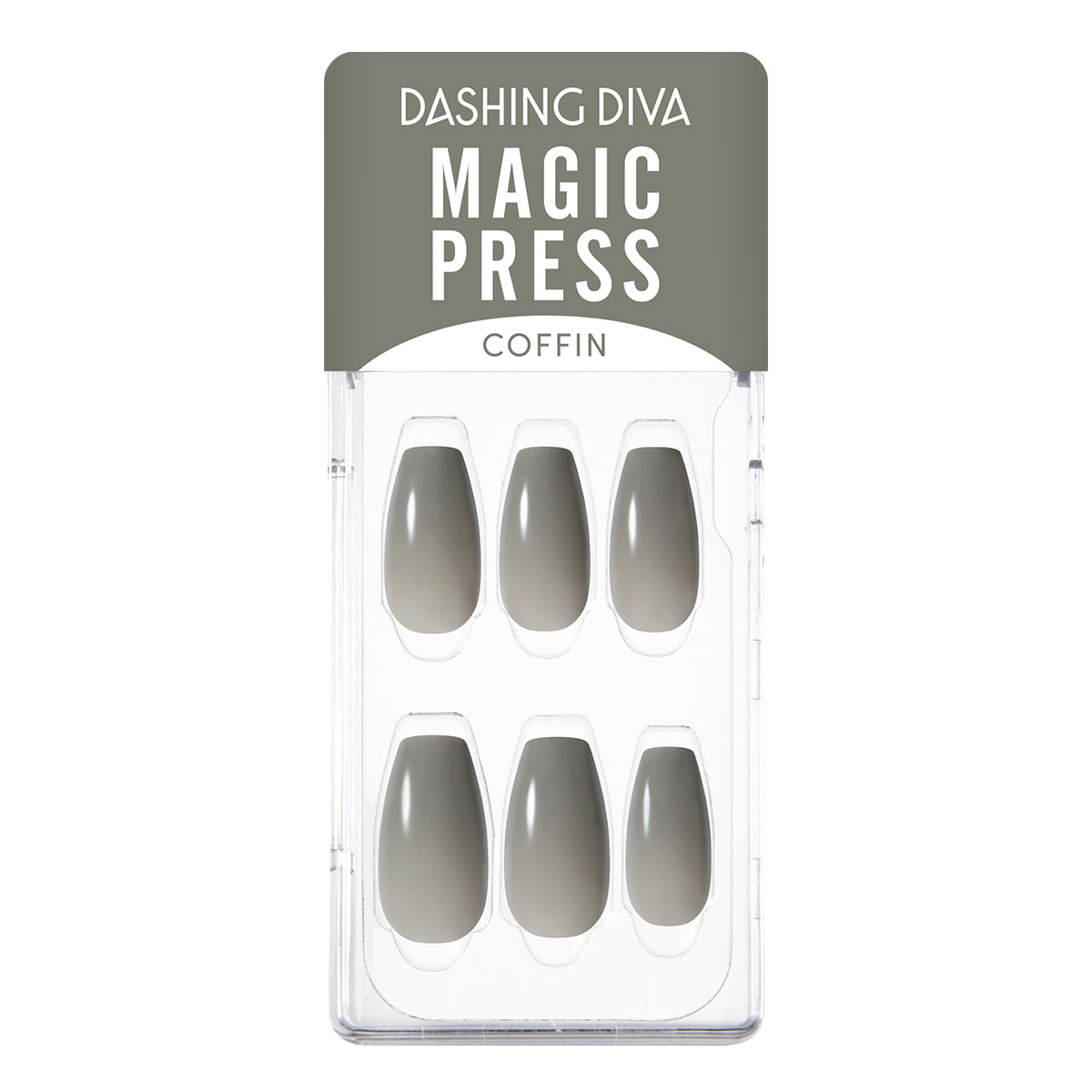 DASHING DIVA MAGIC PRESS Ash Khaki - Coffin nail set in packaging.