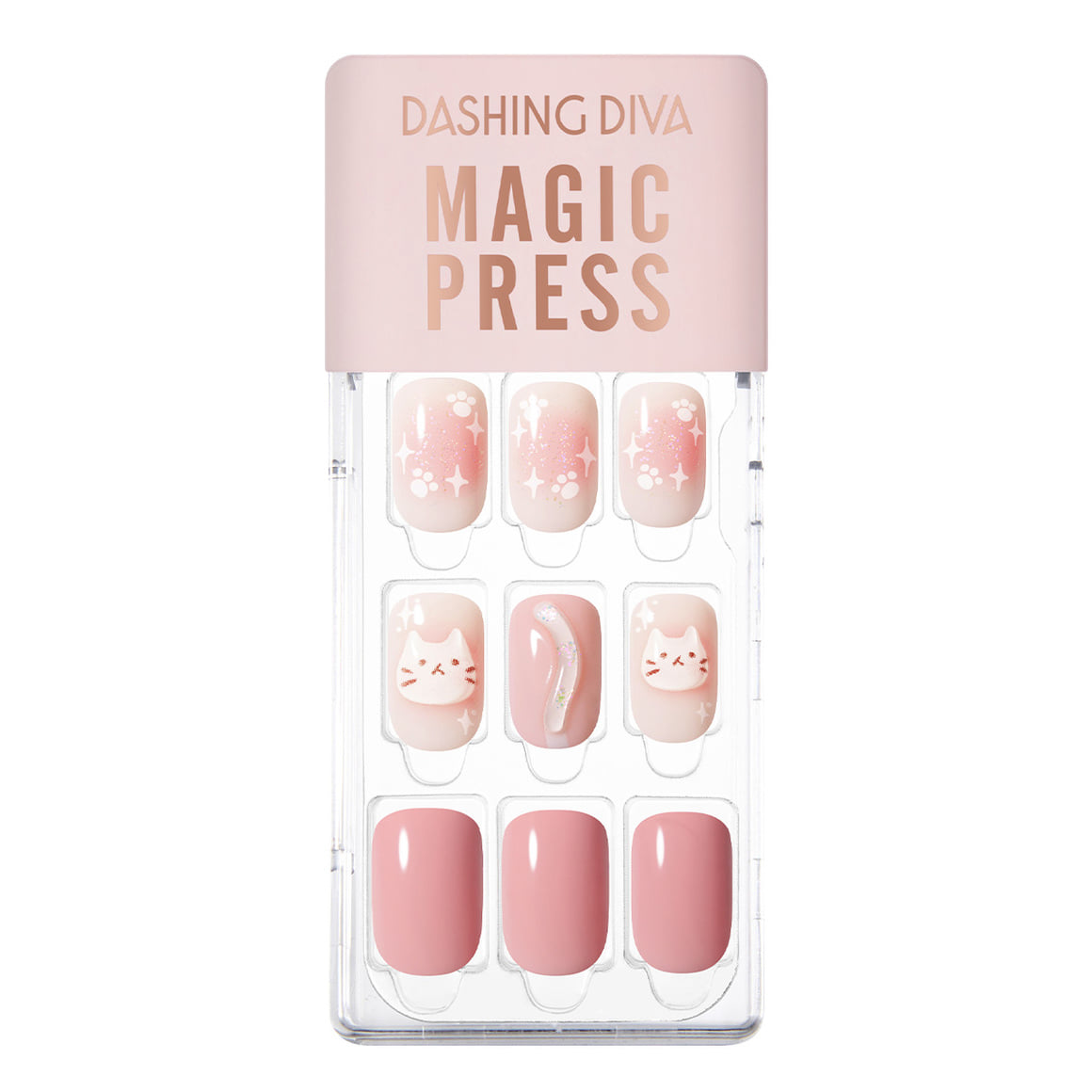 DASHING DIVA MAGIC PRESS Cheek Meow - Regular Round nail kit with cat designs and pink tones.