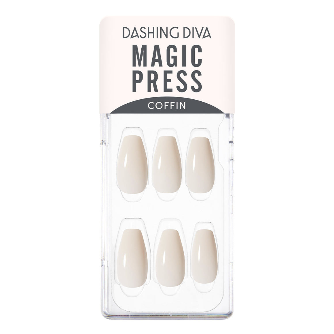 DASHING DIVA MAGIC PRESS Ivory - Coffin artificial nails in packaged display, showcasing elegant press-on nail design.