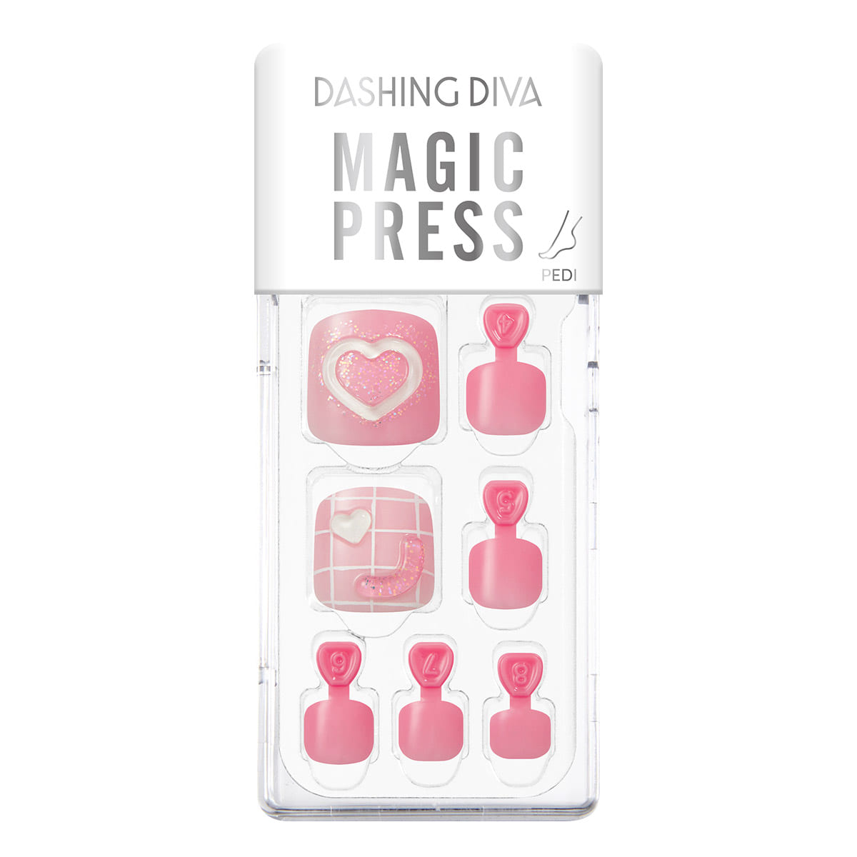 DASHING DIVA MAGIC PRESS Love Joy pink nail set with heart design packaging.