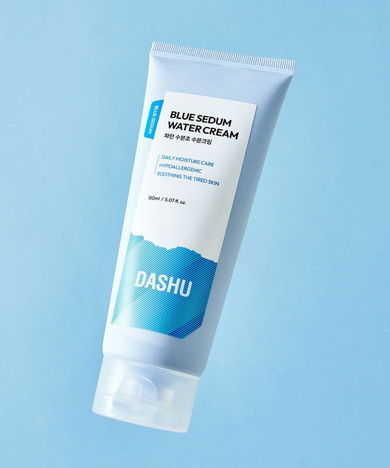DASHU Boy Blue Moisture Cream 150ml tube on a light blue background, featuring Blue Sedum water cream benefits.