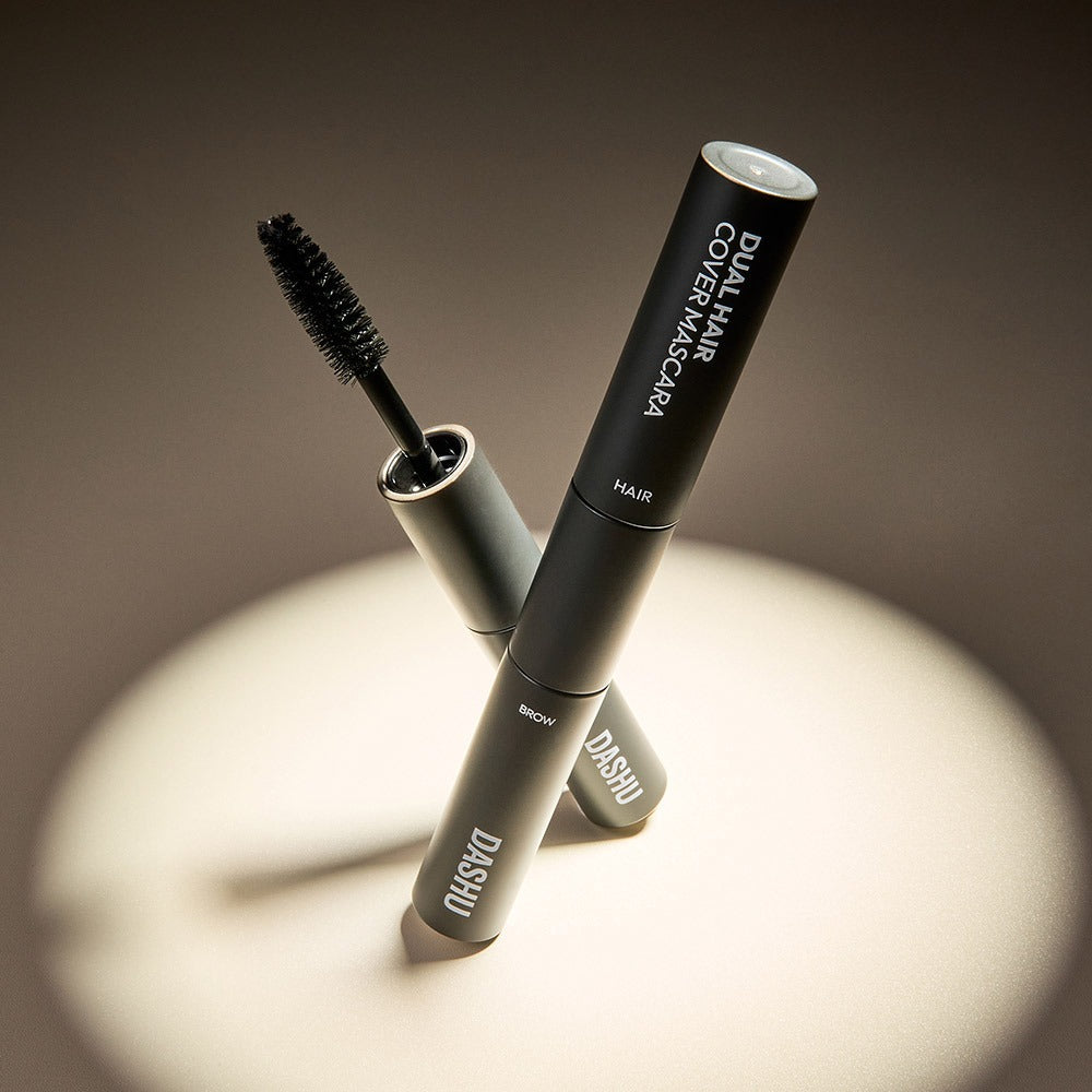 DASHU Daily Dual Hair Cover Mascara product image with open applicator brush, designed for hair and brow coverage.