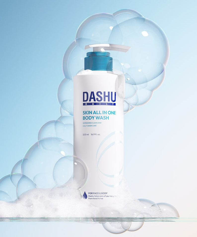 DASHU Daily Skin All-in-One Body Wash 500ml bottle surrounded by soap bubbles.