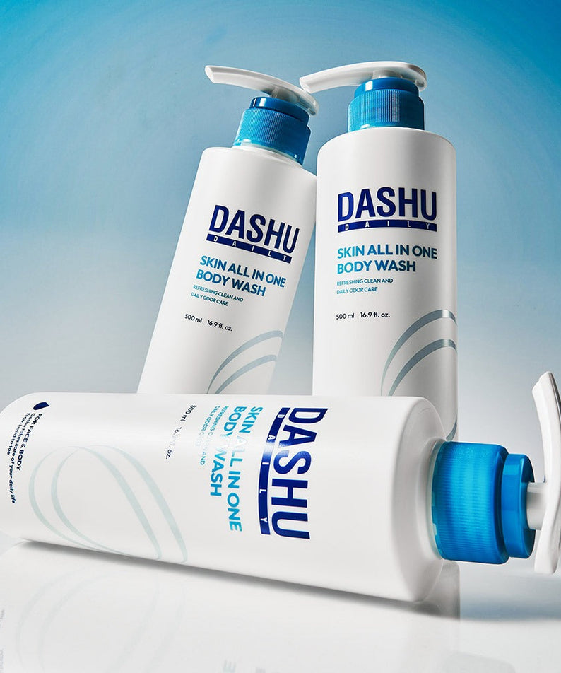 DASHU Daily Skin All-in-One Body Wash 500ml bottles on blue background