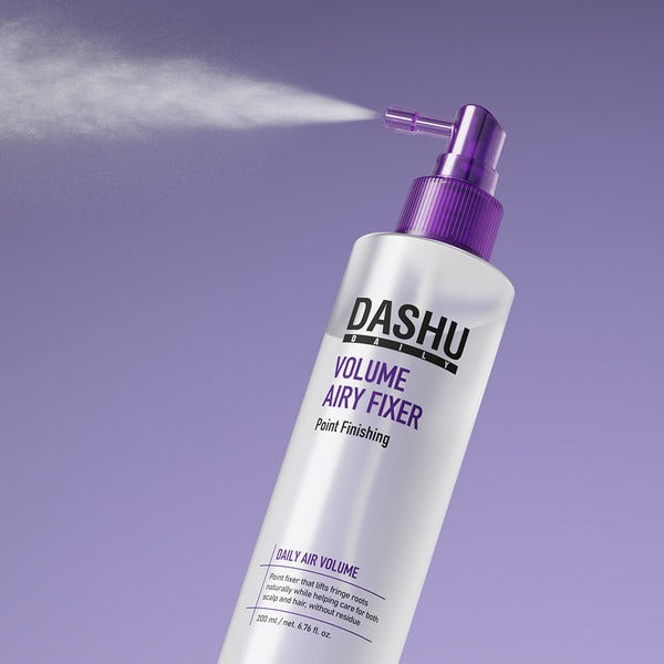 DASHU Daily Volume Airy Hair Fixer 200ml spray bottle, purple nozzle, product on a purple background