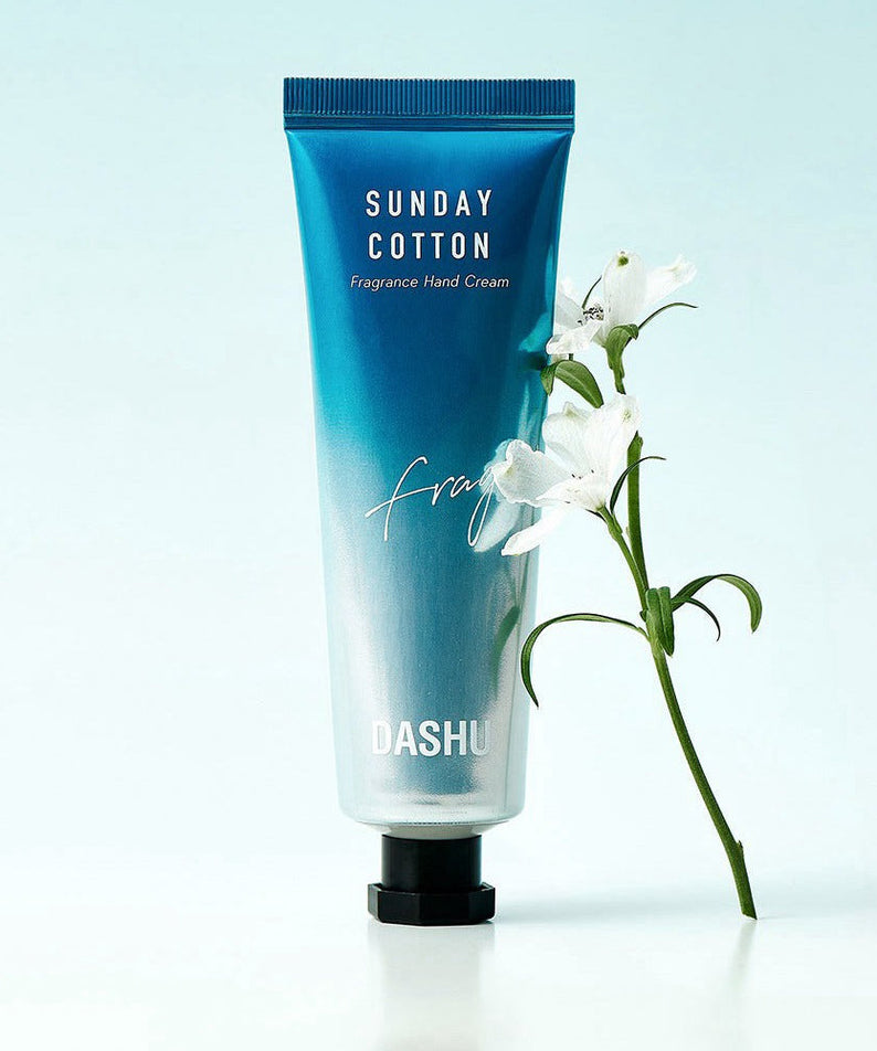 DASHU Perfume Hand Cream Sunday Cotton 50g with floral background showcasing elegant design.