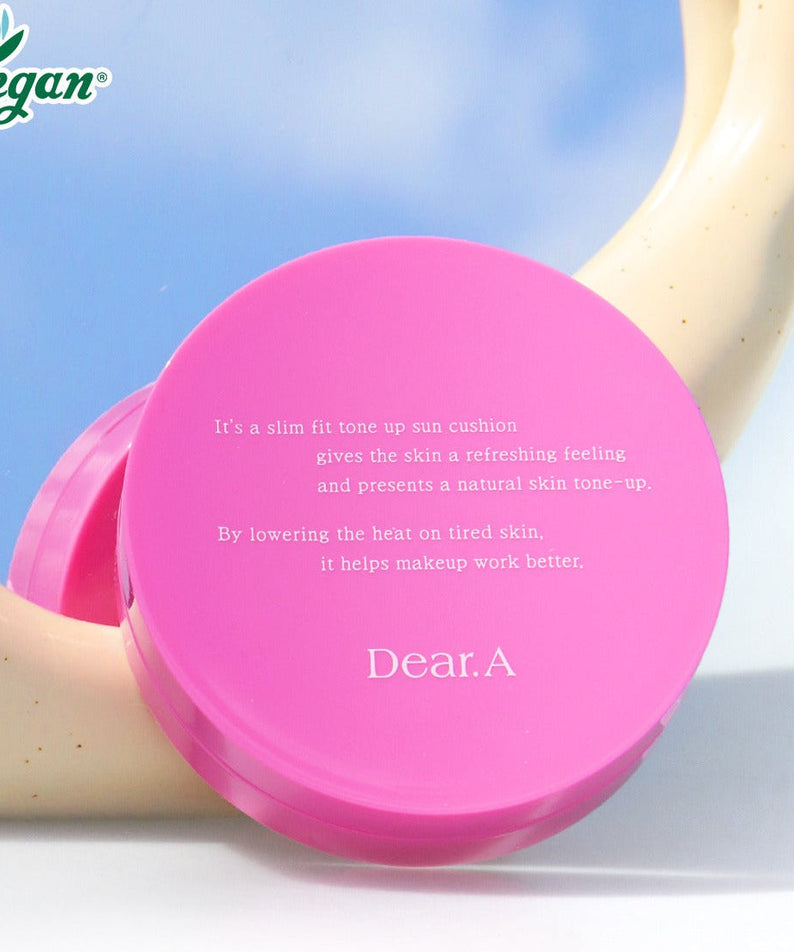 DEAR.A Slim Fit Tone-Up Sun Cushion 30ml with vegan certification on a ceramic hand stand
