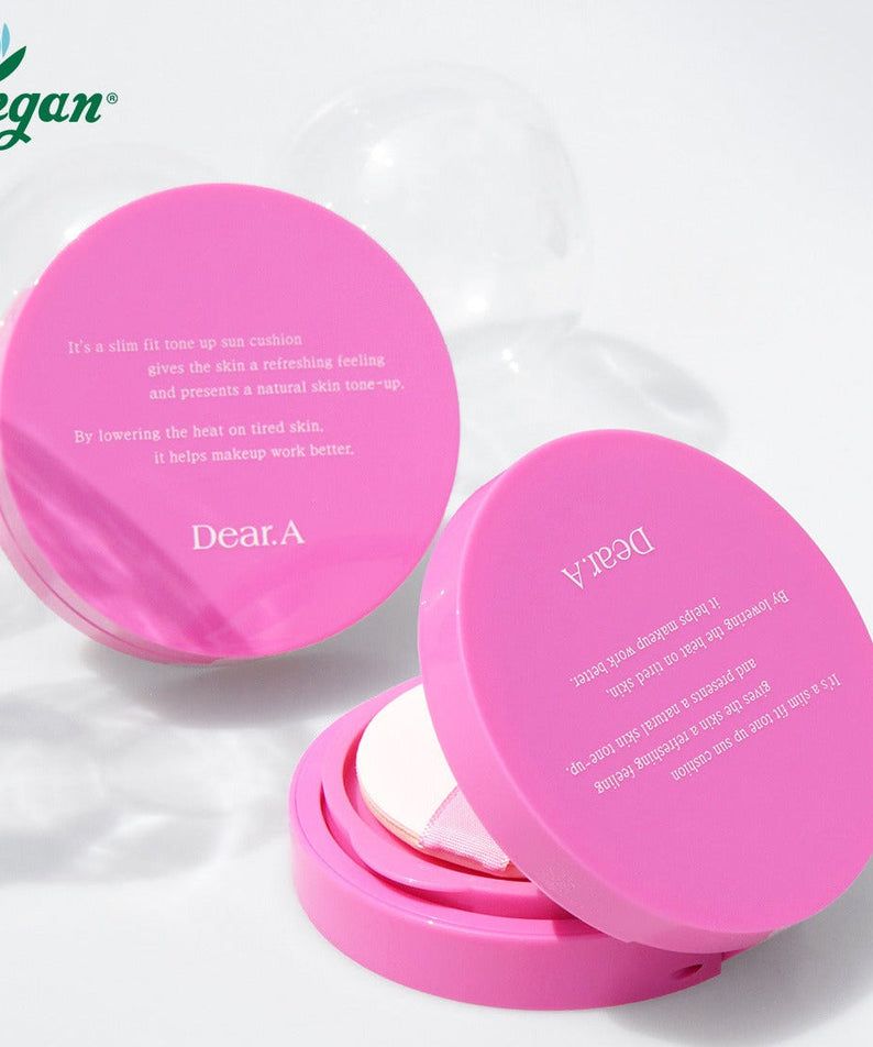 DEAR.A Slim Fit Tone-Up Sun Cushion 30ml in a vibrant pink container, vegan-friendly skincare product for a natural tone-up.