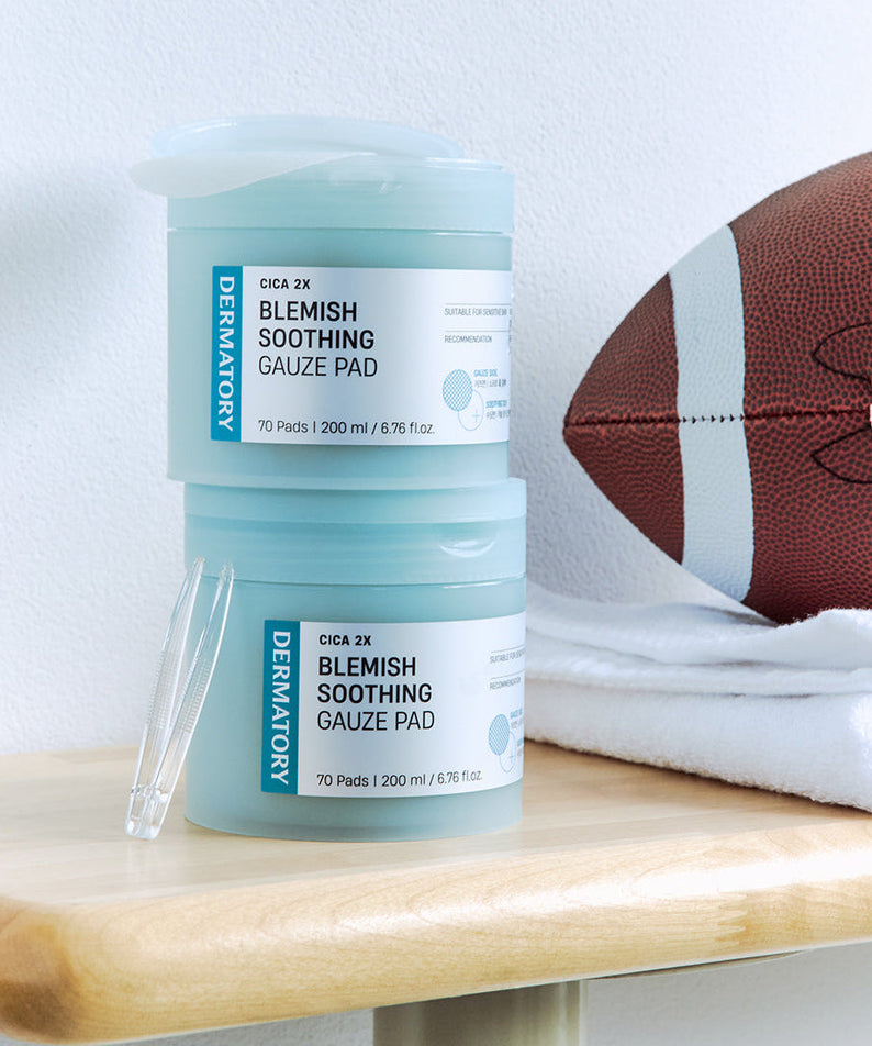 DERMATORY Cica Exosome Blemish Soothing Gauze Pad 70 Pads on shelf with sports equipment