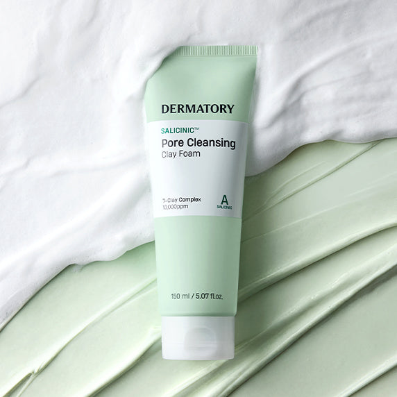 DERMATORY Salicinic Pore Cleansing Clay Foam 150ml tube on textured background.
