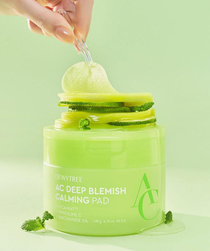 DEWYTREE AC Control EX Deep Trace Soothing Blemish Pads 80 Sheets displayed with green packaging and calming ingredients.