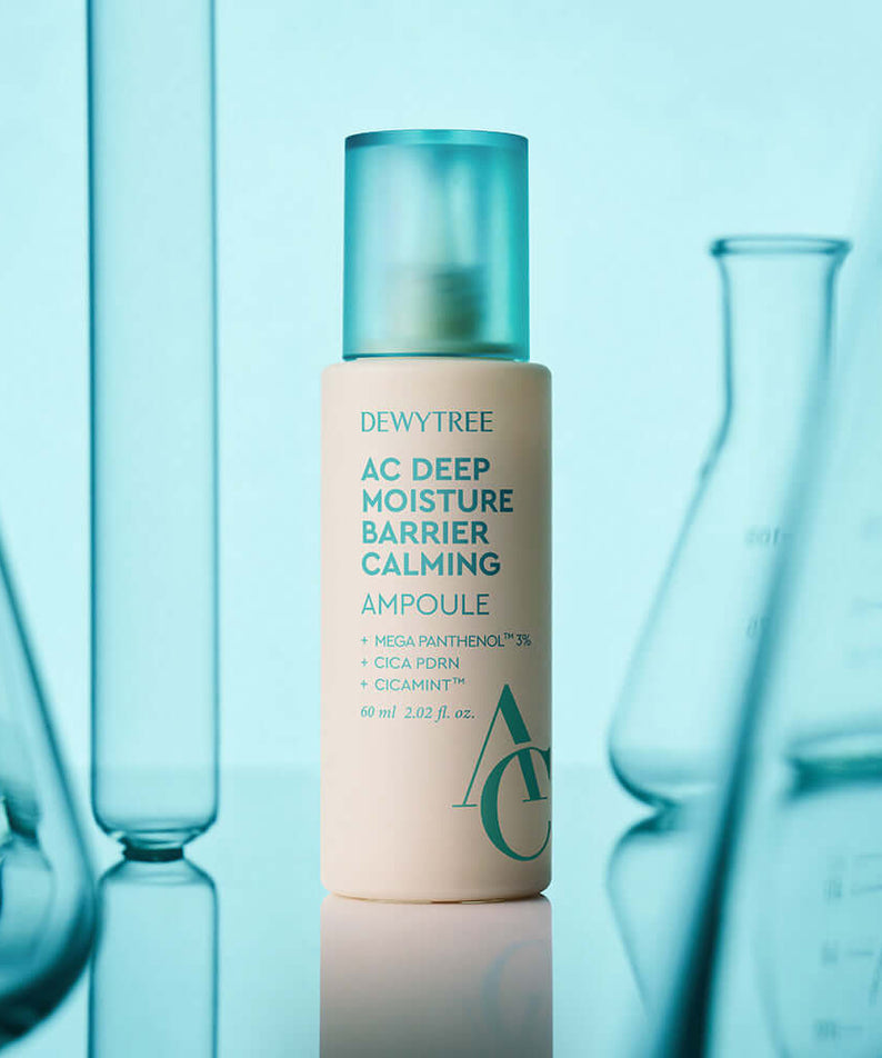 DEWYTREE AC Deep Barrier Soothing Moisturizing Ampoule 60ml bottle surrounded by glass lab equipment.