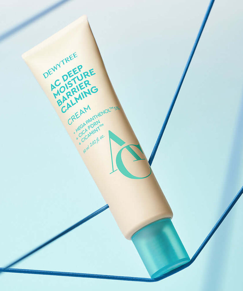 DEWYTREE AC Deep Barrier Soothing Moisturizing Cream 60ml tube on a stylish background, highlighting its calming properties.
