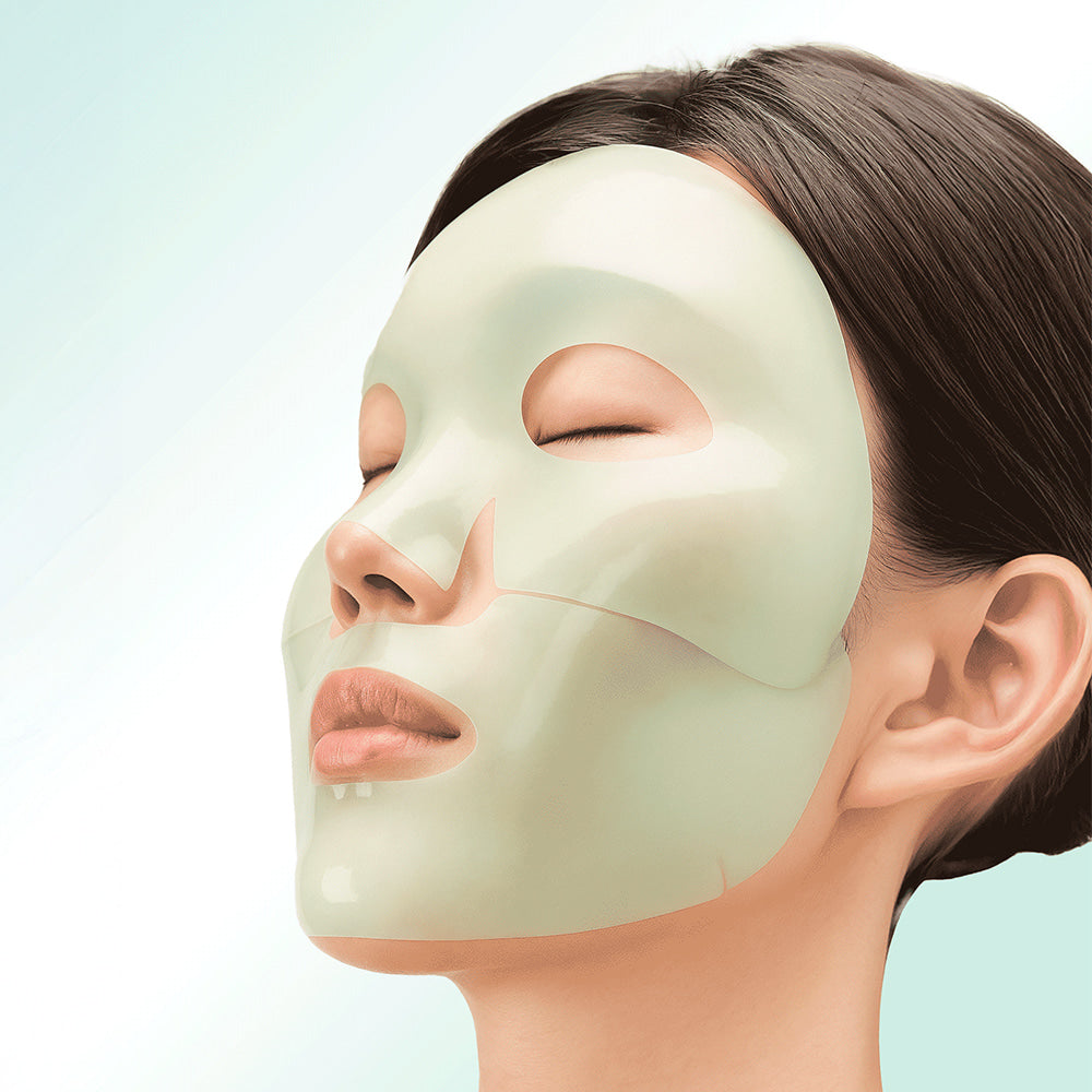 Person wearing DEWYTREE AC Deep Pore Collagen Gel Mask 4 Sheets, showcasing skincare benefits and deep pore treatment.