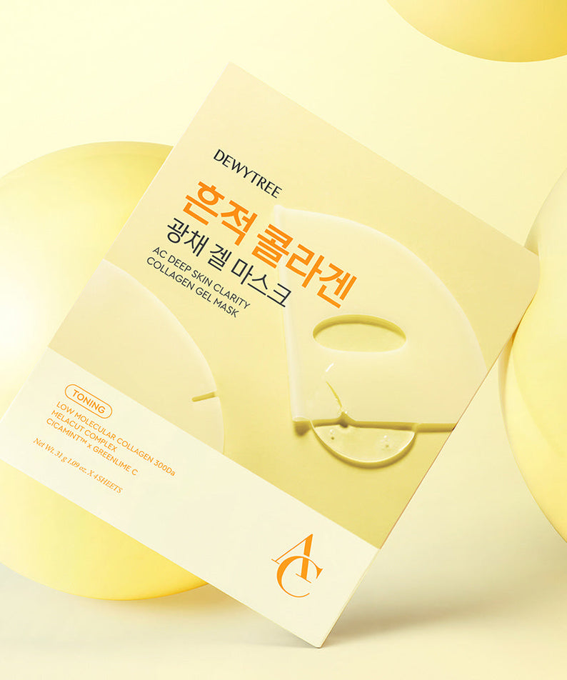 DEWYTREE AC Deep Skin Clarity Collagen Gel Mask 4 Sheets packaging with yellow background
