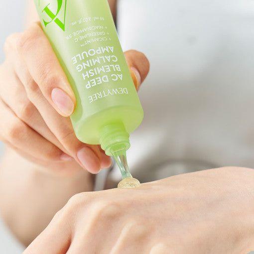 Applying DEWYTREE AC Deep Trace Soothing Ampoule Planning Set 60ml on skin for hydration and soothing effect