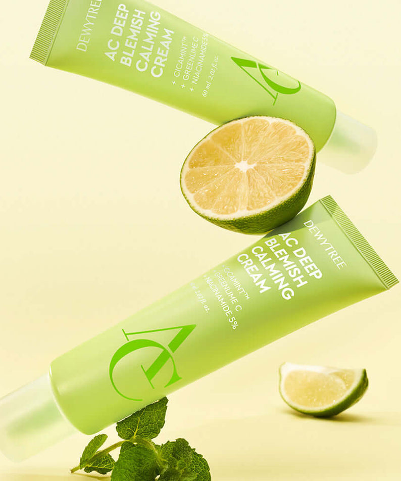 DEWYTREE AC Deep Trace Soothing Cream 60ml with citrus and mint on yellow background.