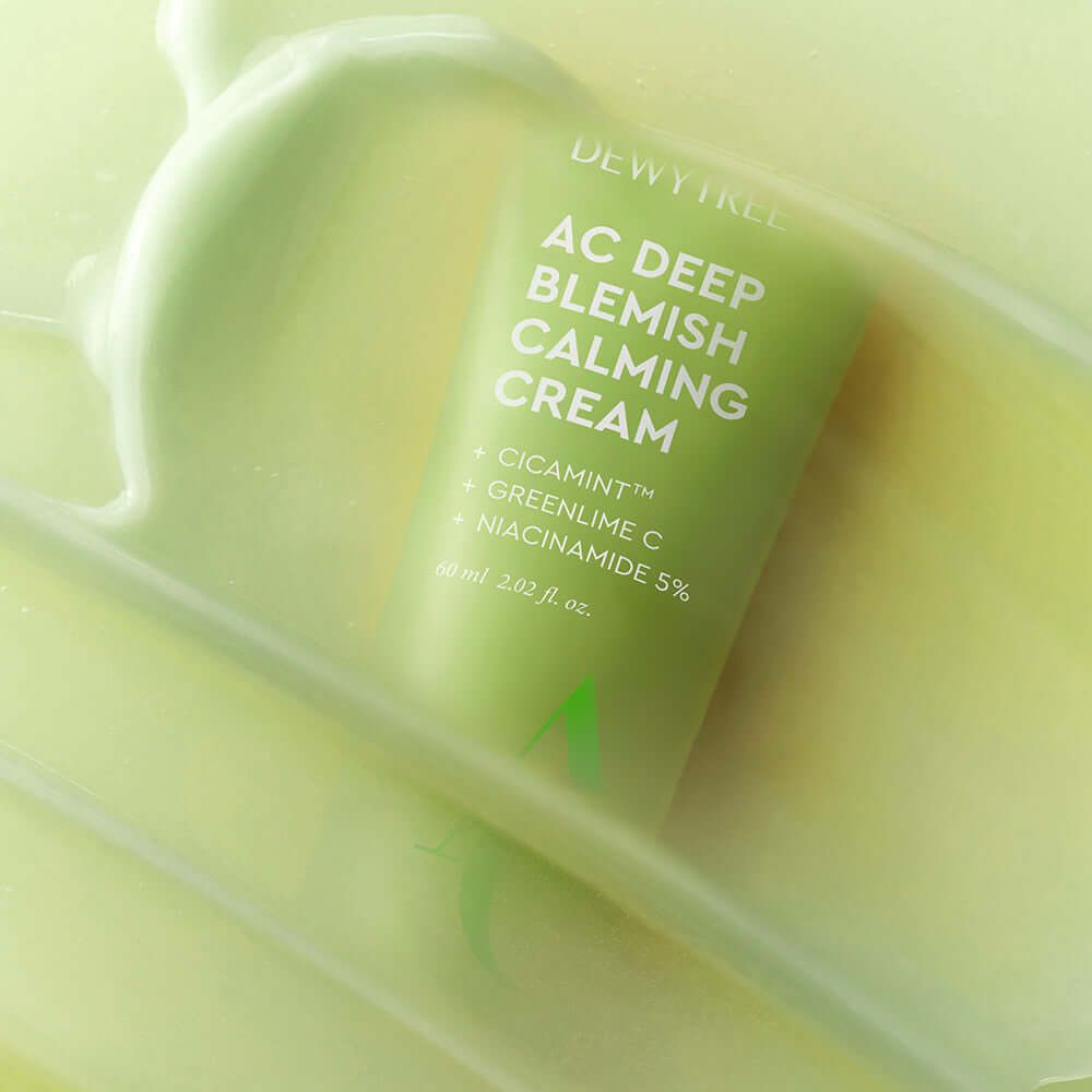 DEWYTREE AC Deep Trace Soothing Cream 60ml in green packaging with calming ingredients for blemishes and skin relief.