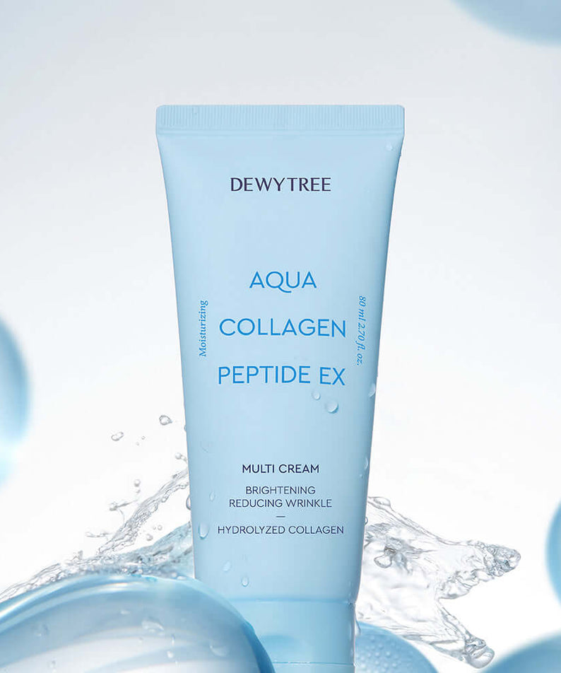 DEWYTREE Aqua Collagen Peptide EX Multi Cream 80ml bottle with water splash background