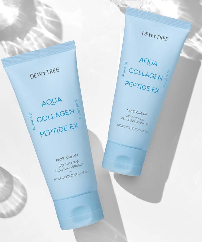 DEWYTREE Aqua Collagen Peptide EX Multi Cream 80ml tubes on a bright surface.