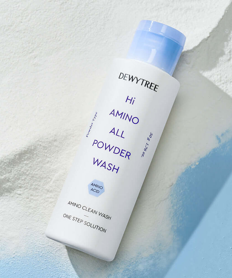DEWYTREE Hi Amino All Enzyme Powder Wash 50g bottle on textured background