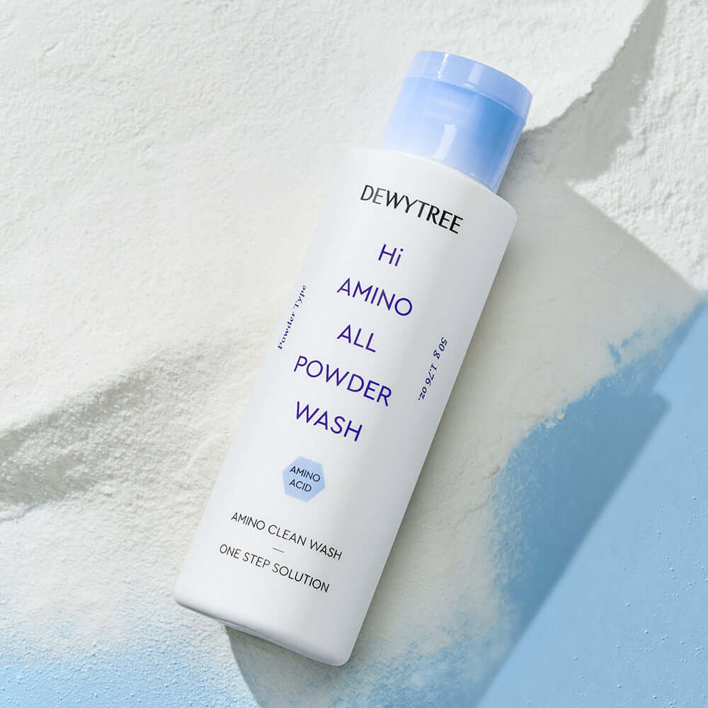 DEWYTREE Hi Amino All Enzyme Powder Wash 50g bottle on textured background