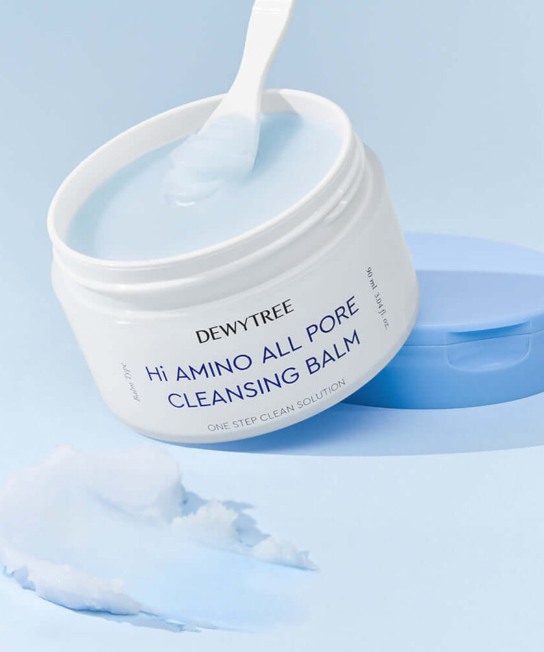 DEWYTREE Hi Amino Pore All Deep Cleansing Balm 90ml jar with open lid and spatula on blue background
