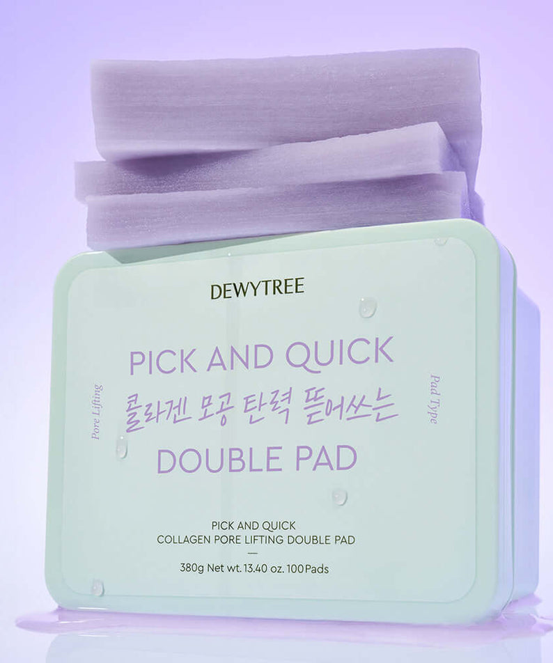 DEWYTREE Pick & Quick Collagen Pore Elasticity Tear-Off Double Pad 100 sheets packaging with stacked pads