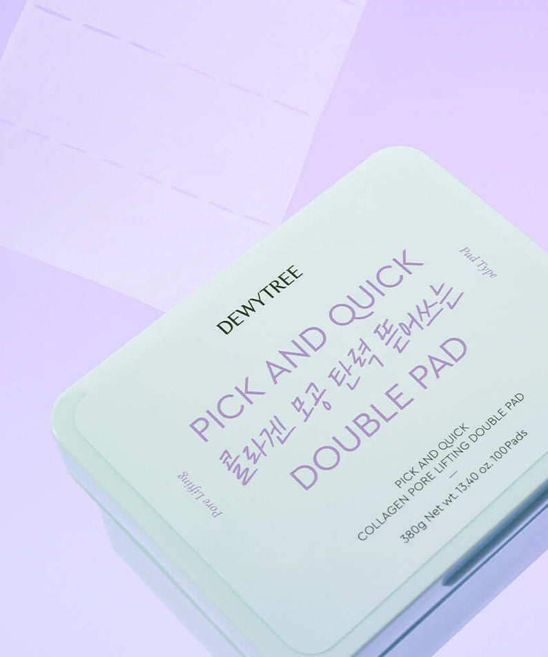 DEWYTREE Pick & Quick Collagen Pore Elasticity Tear-Off Double Pad 100 sheets in packaging on a purple background