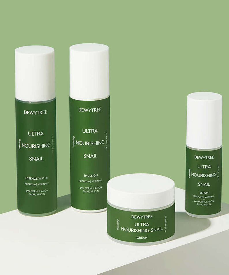 DEWYTREE Ultra Nourishing Snail Essence Water 150ml displayed with matching skincare products against a green background.