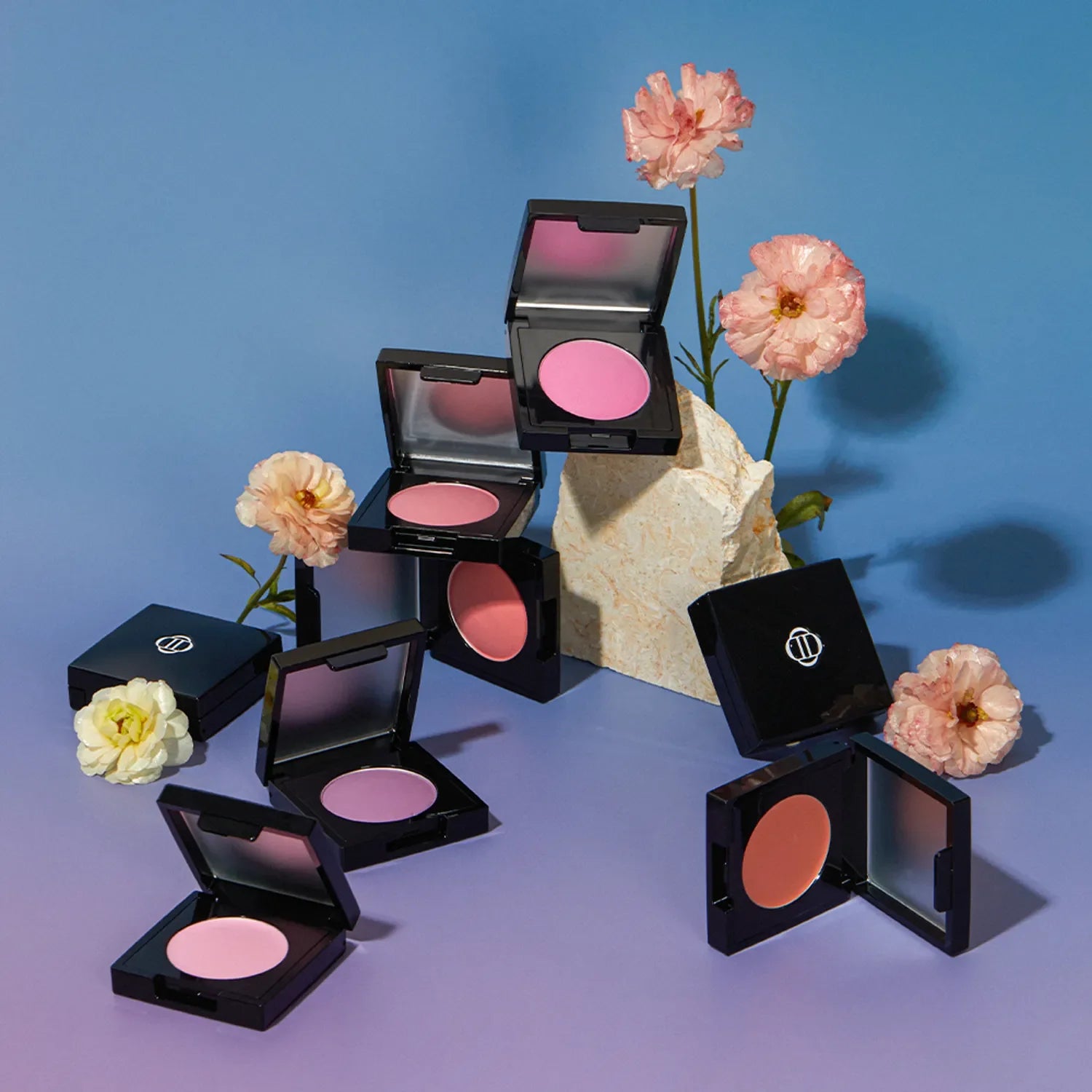 Display of DINTO Be My Wendy Blusher surrounded by flowers on a purple and blue background.