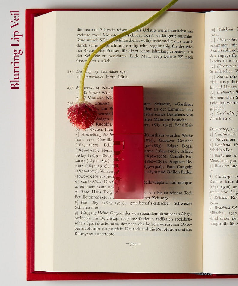 DINTO Blurring Lip Veil on open book with flower accent