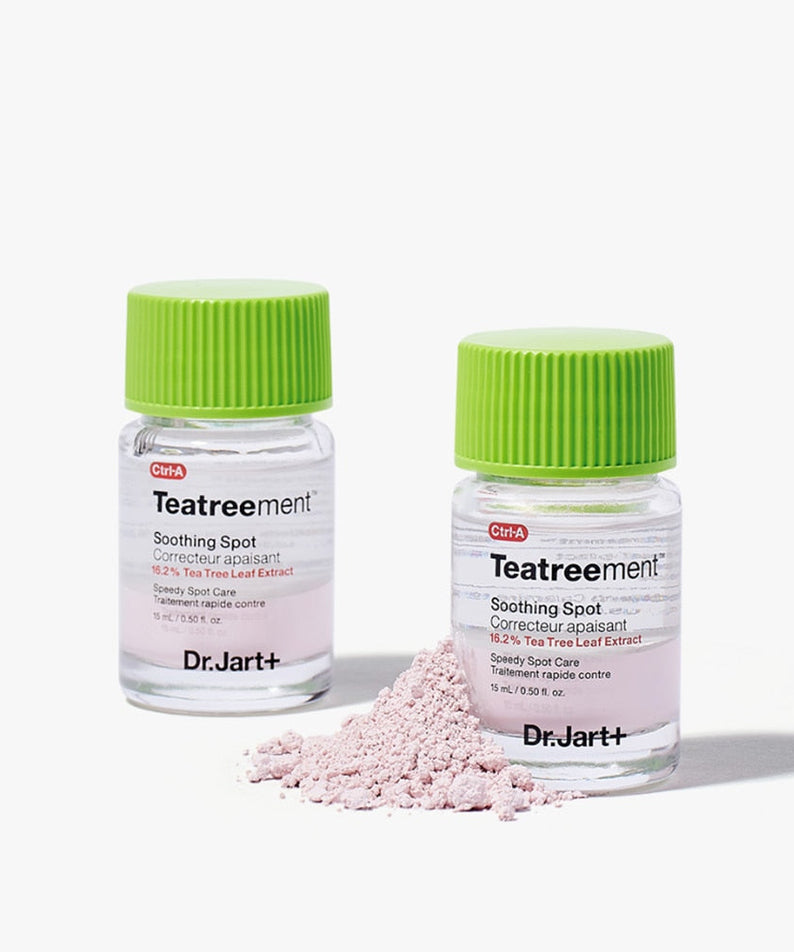 DR. JART+ Ctrl-A Teatreement Soothing Spot 15ml, acne treatment bottles with green caps and powder displayed.