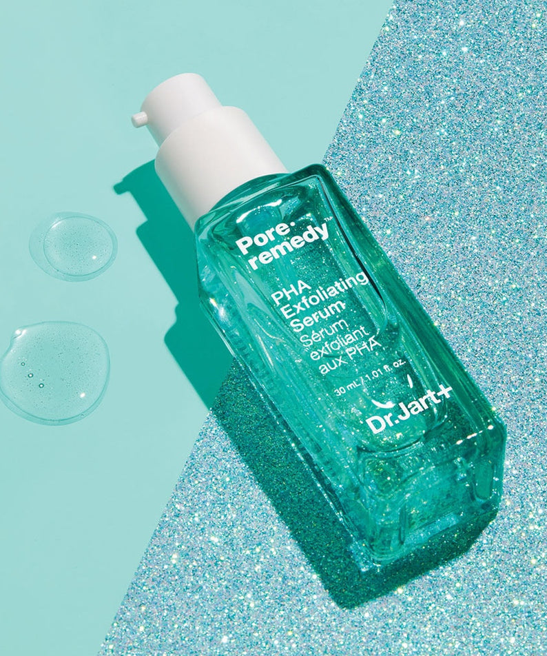 DR. JART+ Pore Remedy PHA Exfoliating Serum 30ml bottle with glitter background