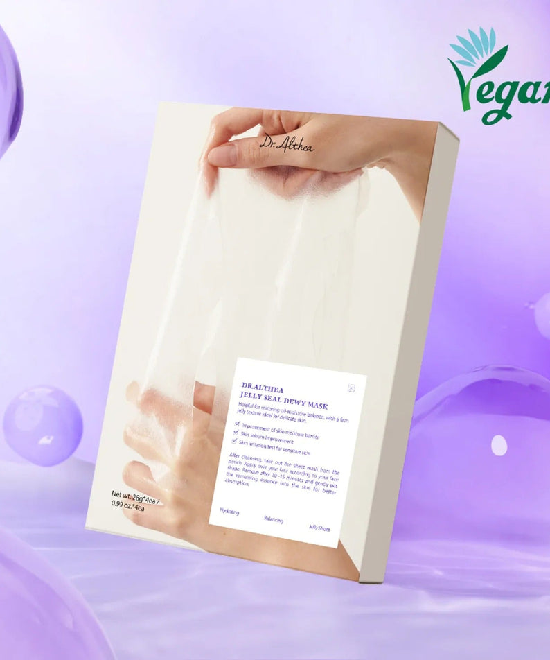 Box of DR.ALTHEA Jelly Seal Dewy Mask (4ea) on a purple background with vegan logo and hands holding the mask