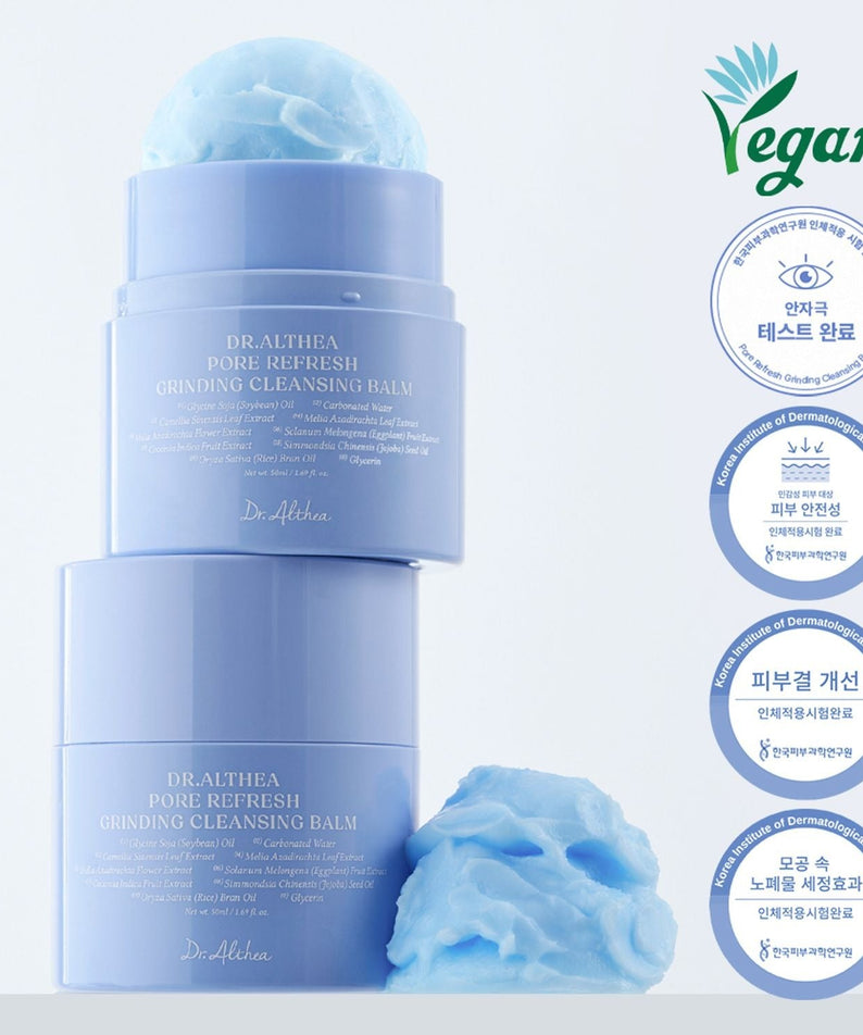 DR.ALTHEA Pore Refresh Grinding Cleansing Balm 50ml packaging with blue balm and vegan certification icons.