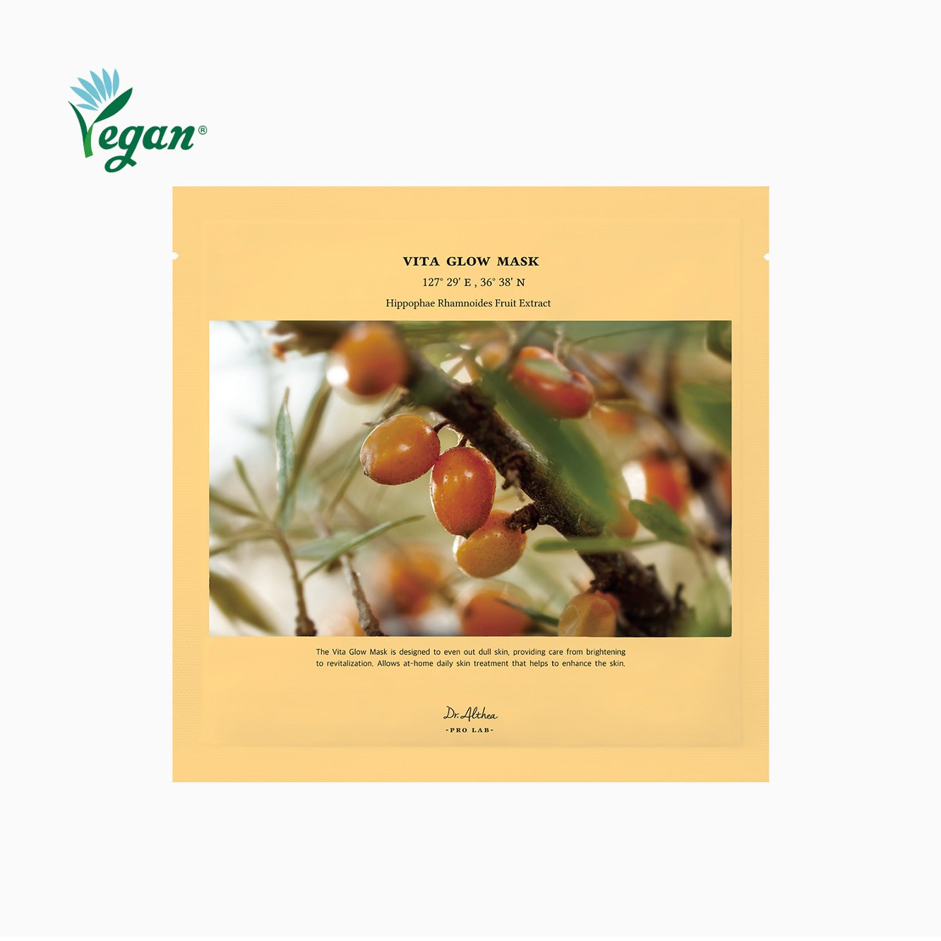 Packaging of DR.ALTHEA Vita Glow Mask (5ea) showing vegan label and fruit extract illustration.