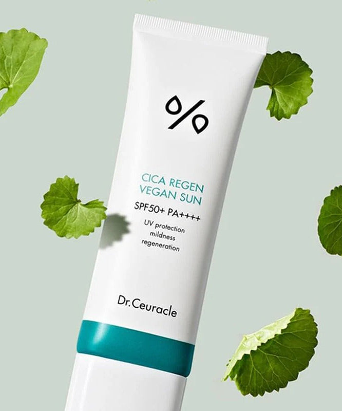 DR.CEURACLE Cica Regan Vegan Sun SPF50+PA++++ 50ml tube with green leaves on a light background.