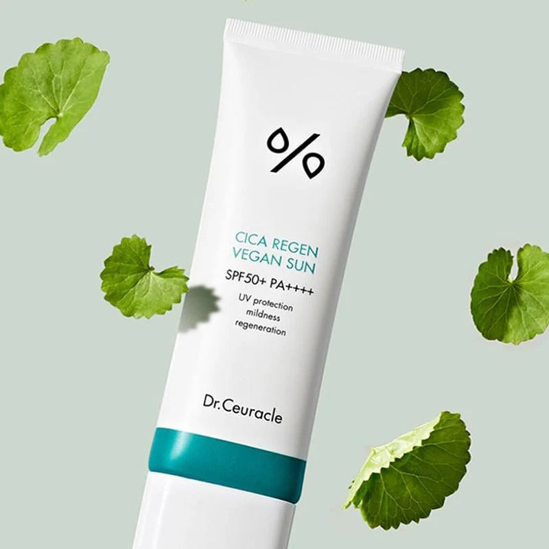 DR.CEURACLE Cica Regan Vegan Sun SPF50+PA++++ 50ml tube with green leaves on a light background.