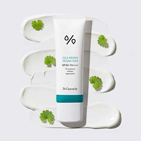 DR.CEURACLE Cica Regan Vegan Sun SPF50+PA++++ 50ml tube on textured background with green leaves