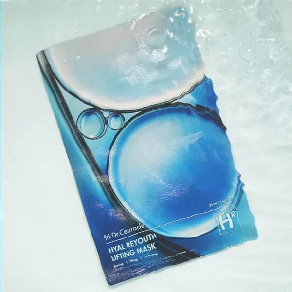 DR.CEURACLE Hyal Reuse Lifting Mask (10EA) product on a water background