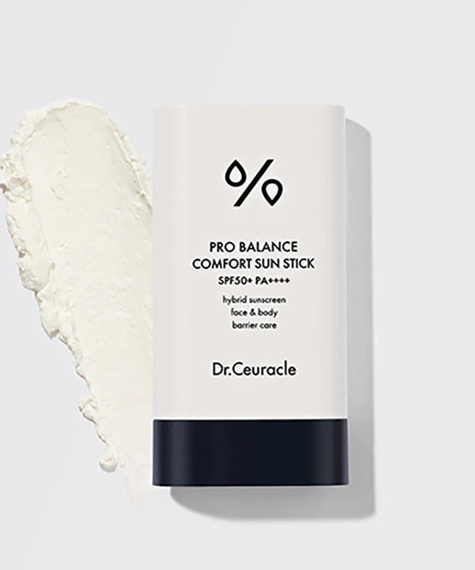 DR.CEURACLE Pro Balance Comfort Sun Stick 18g with visible cream texture for SPF protection on face and body.