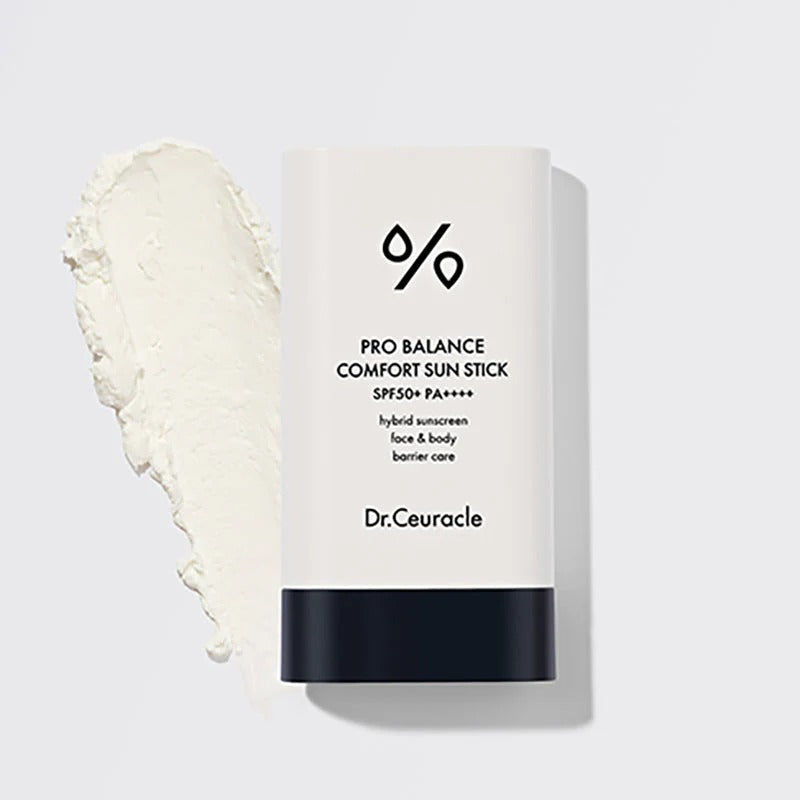 DR.CEURACLE Pro Balance Comfort Sun Stick 18g with visible cream texture for SPF protection on face and body.