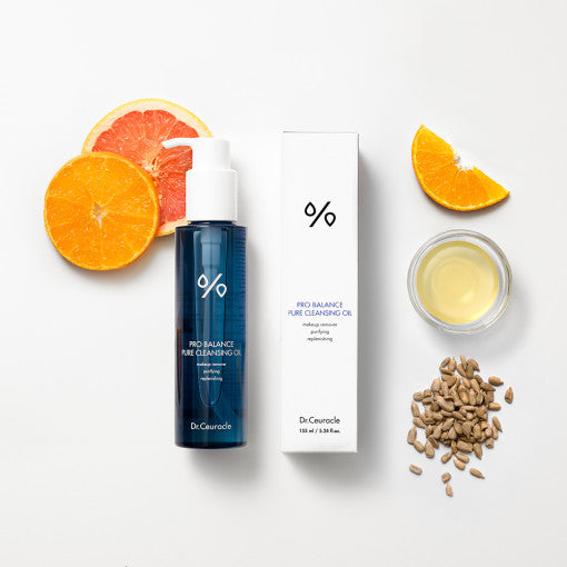 DR.CEURACLE Pro Balance Pure Cleansing Oil 155ml with ingredients like oranges, sunflower seeds, and cleansing oil bottle.