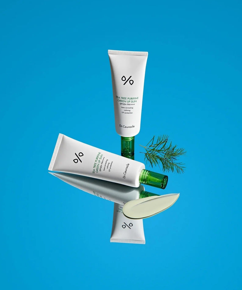 DR.CEURACLE Tea Tree Purifine Green Sup Sun 50ml product image with green elements on blue background