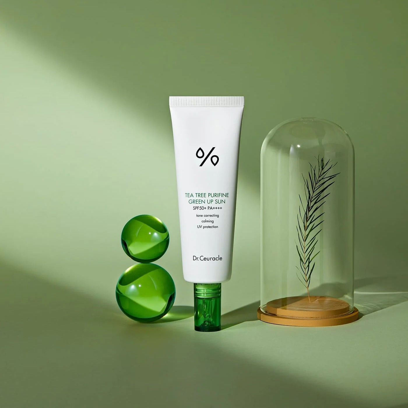 DR.CEURACLE Tea Tree Purifine Green Sup Sun 50ml with SPF 50, photographed with green accents and botanical decoration.