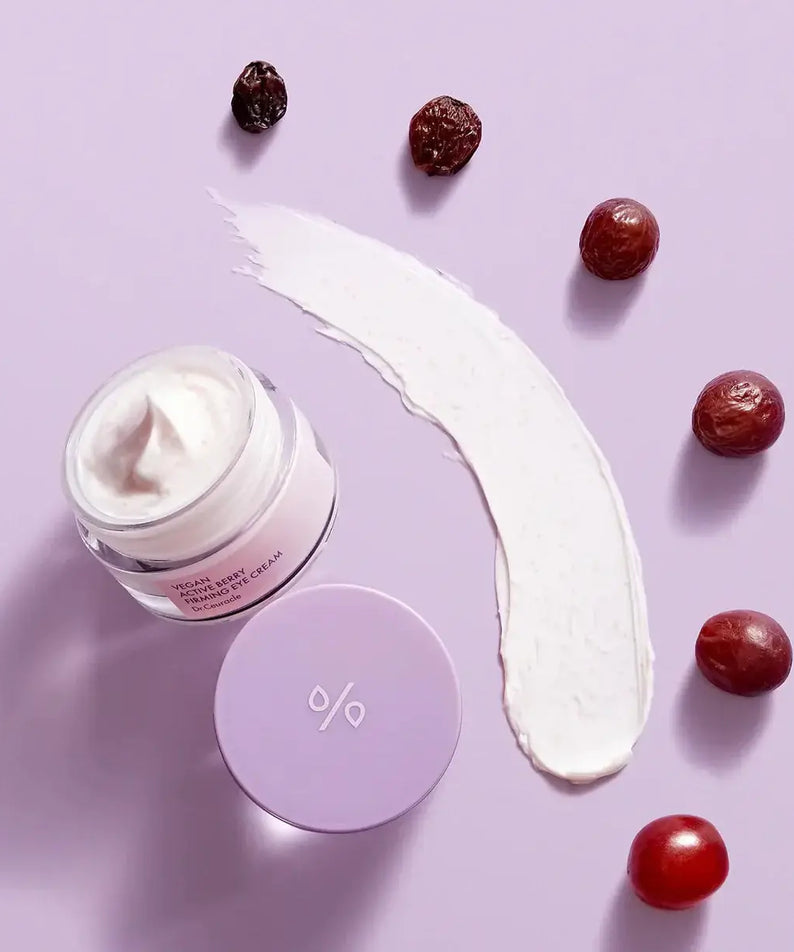DR.CEURACLE Vegan Active Berry Firming Eye Cream with berries on purple background