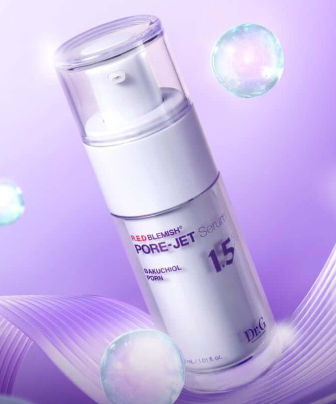 DR.G Bakuchiol Porejet Serum bottle with purple background and glowing orbs, showcasing product features.