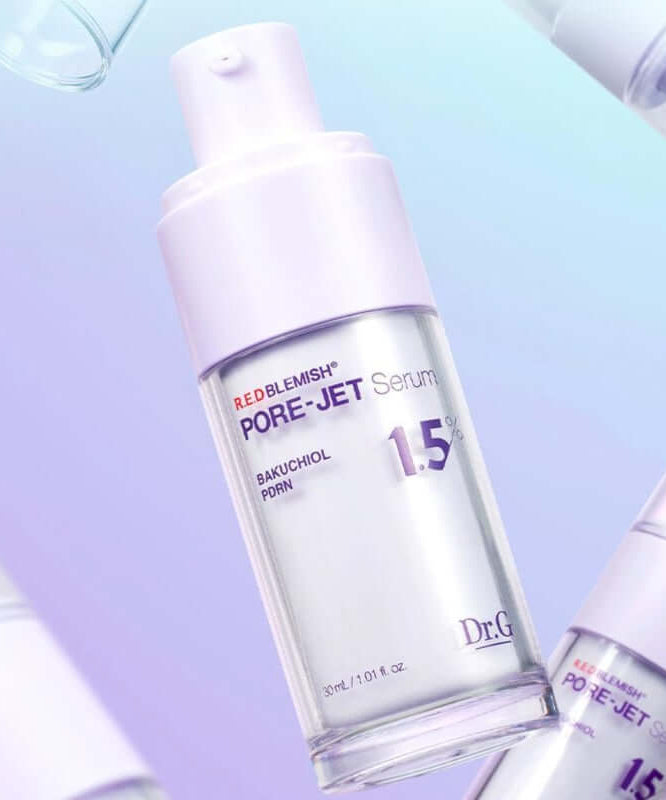 DR.G Bakuchiol Porejet Serum bottle on a purple gradient background.